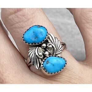 Vintage Sterling Silver Turquoise Ring Size 5.75 Navajo Double Stone 925 Tested